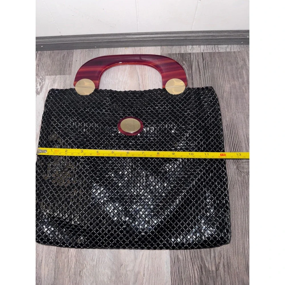 Whiting and Davis Black Metal Mesh Handbag Red Lucite Handle Vintage USA Made